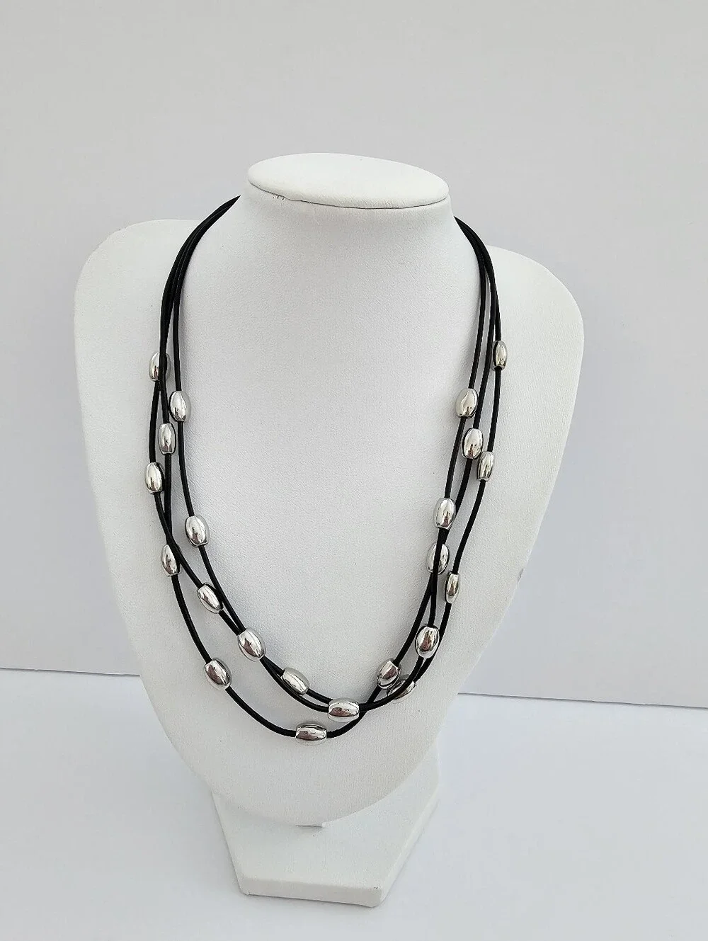 Nine West Triple Strand Black Cord Necklace Silver Tone Pebble Bead Minimalist